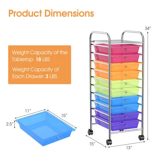 10 Drawer Rolling Storage Cart Organizer-Color