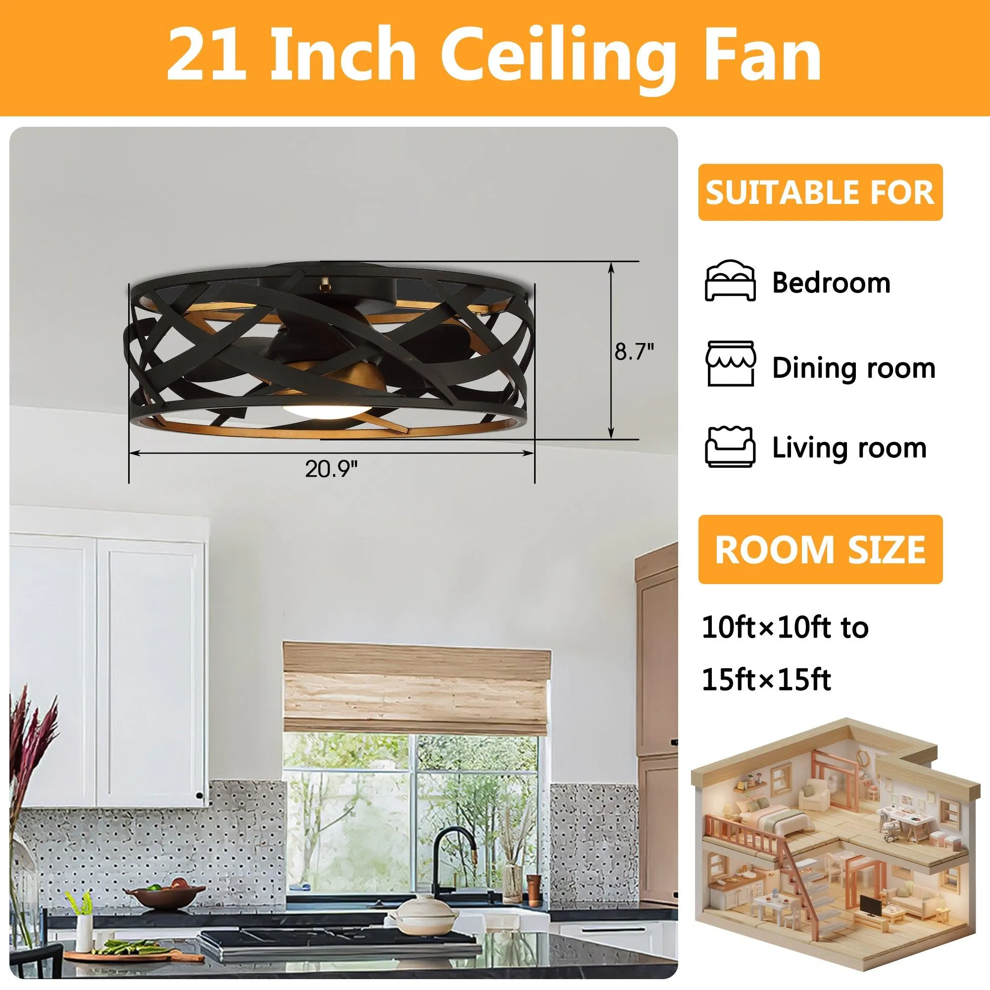 21" Ahmedabad Industrial DC Motor Flush Mount Reversible Ceiling Fan with LED Lighting and Remote Control