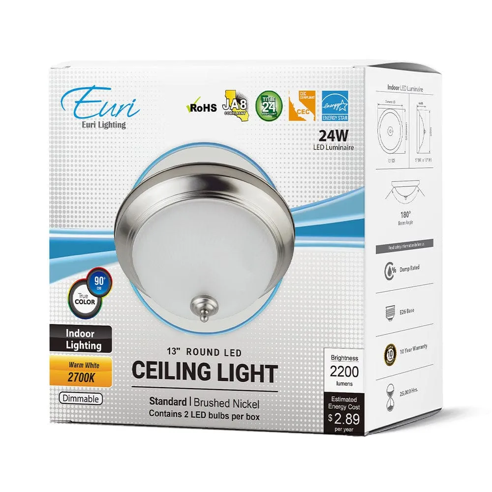 24W 13in. Round Brushed Nickel Dimmable LED Ceiling Light - 180 Degrees Beam - 120V Direct Wiring - 2,200 Lm - 2700K Soft White