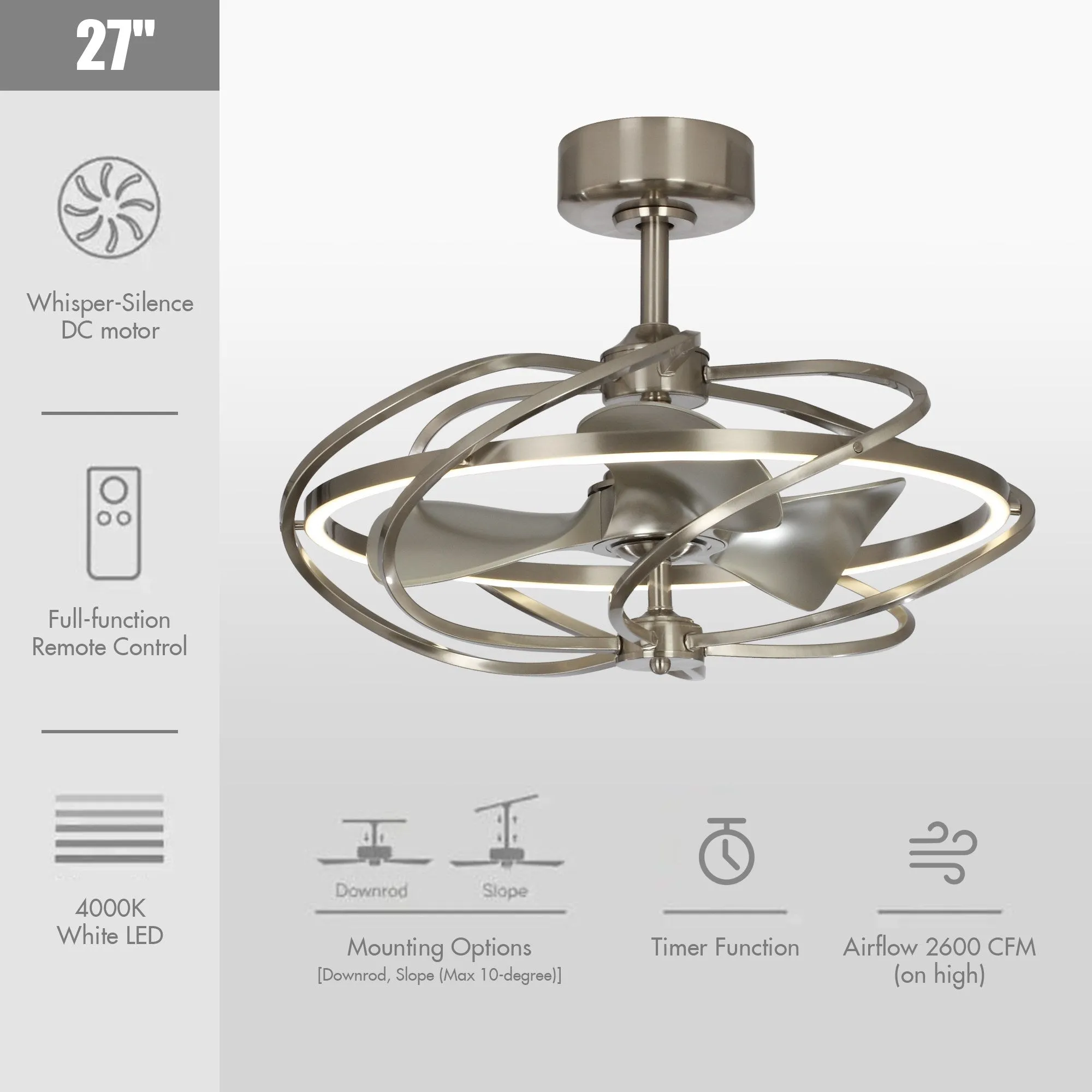 27" Bucholz Industrial DC Motor Brushed Nickel Downrod Mount Reversible Ceiling Fan with Lighting and Remote Control