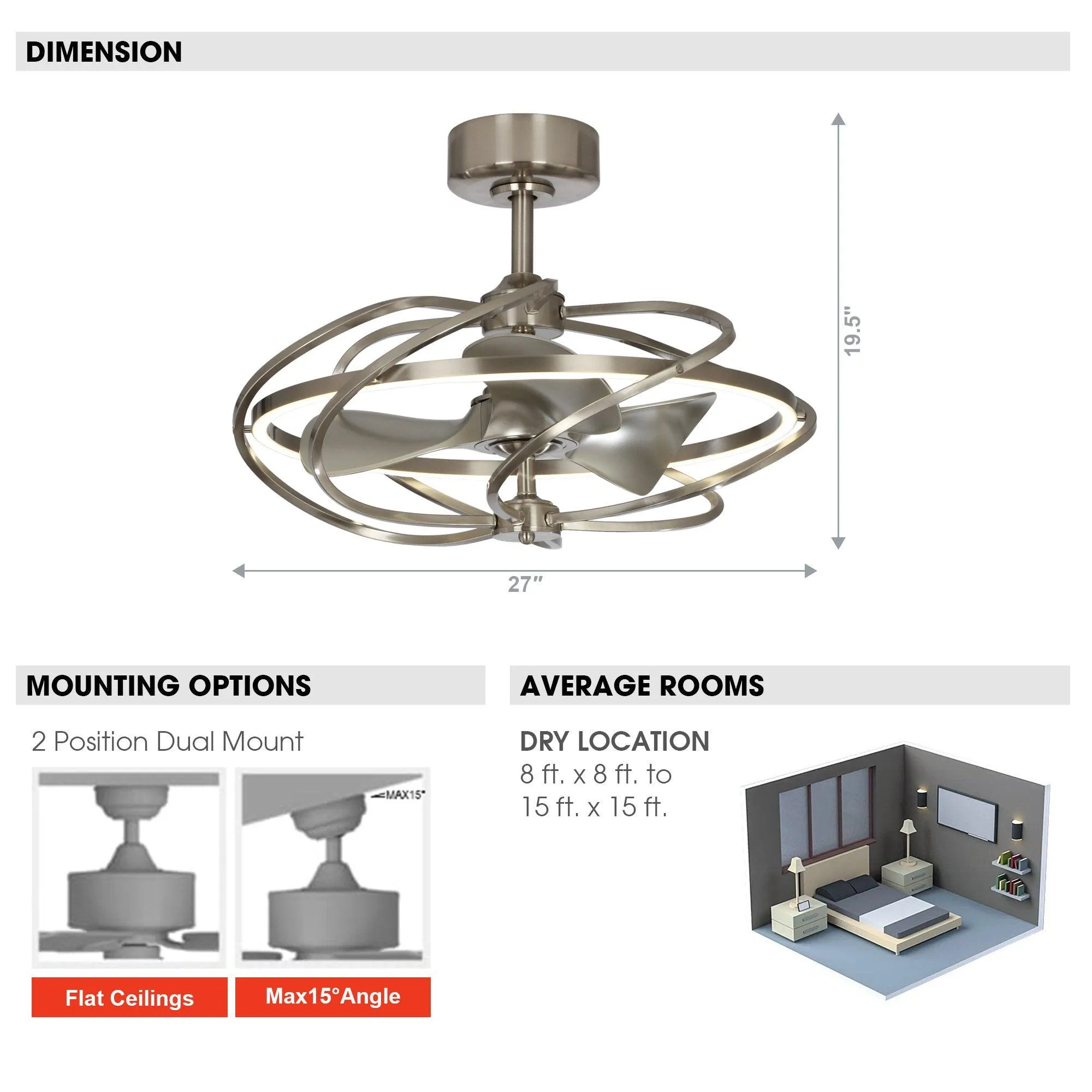 27" Bucholz Industrial DC Motor Brushed Nickel Downrod Mount Reversible Ceiling Fan with Lighting and Remote Control