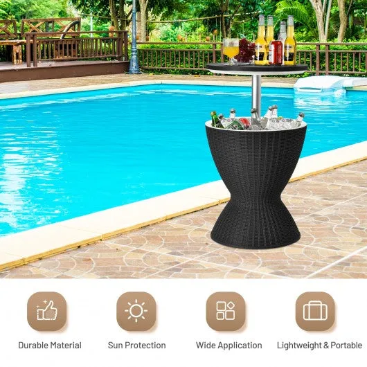 3 in 1 8 Gallon Patio Rattan Cooler Bar Table with Adjust Ice Bucket-Black