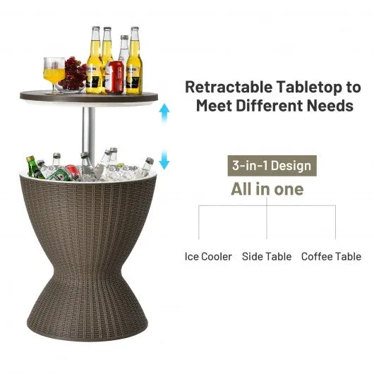 3 in 1 8 Gallon Patio Rattan Cooler Bar Table with Adjust Ice Bucket-Brown