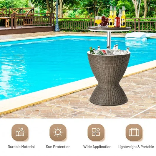 3 in 1 8 Gallon Patio Rattan Cooler Bar Table with Adjust Ice Bucket-Brown