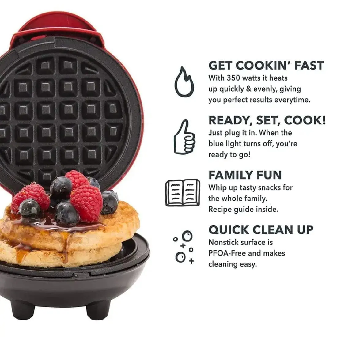 3 in 1 Mini Waffle Maker Machine | Electric Non-Stick Round Waffles Maker Iron Cast for Home, Kids, Belgian Waffles, Pan Cakes,Paninis and Other Snacks (Red,4 Inch- 350 Watts).