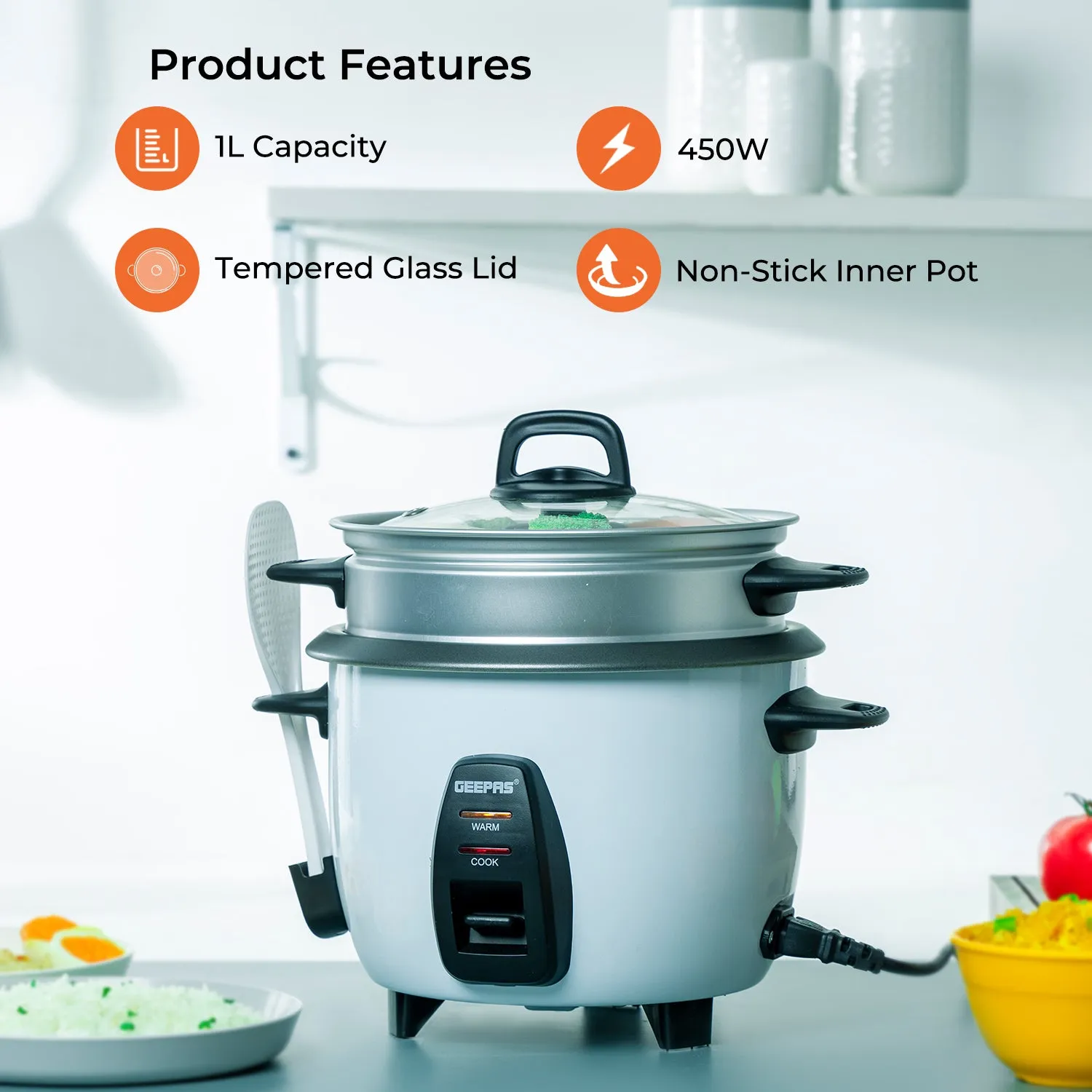 3-In-1 Rice Cooker and Steamer 1L