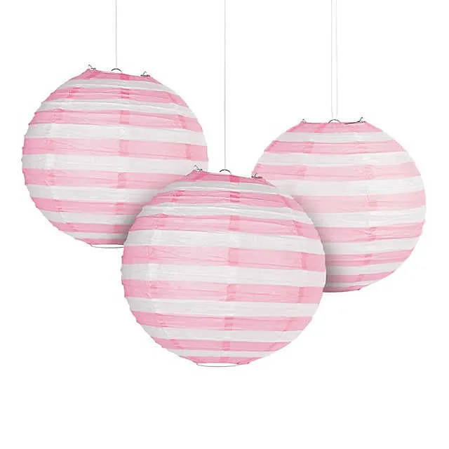 30cm Stripe Paper Lantern - Light Pink