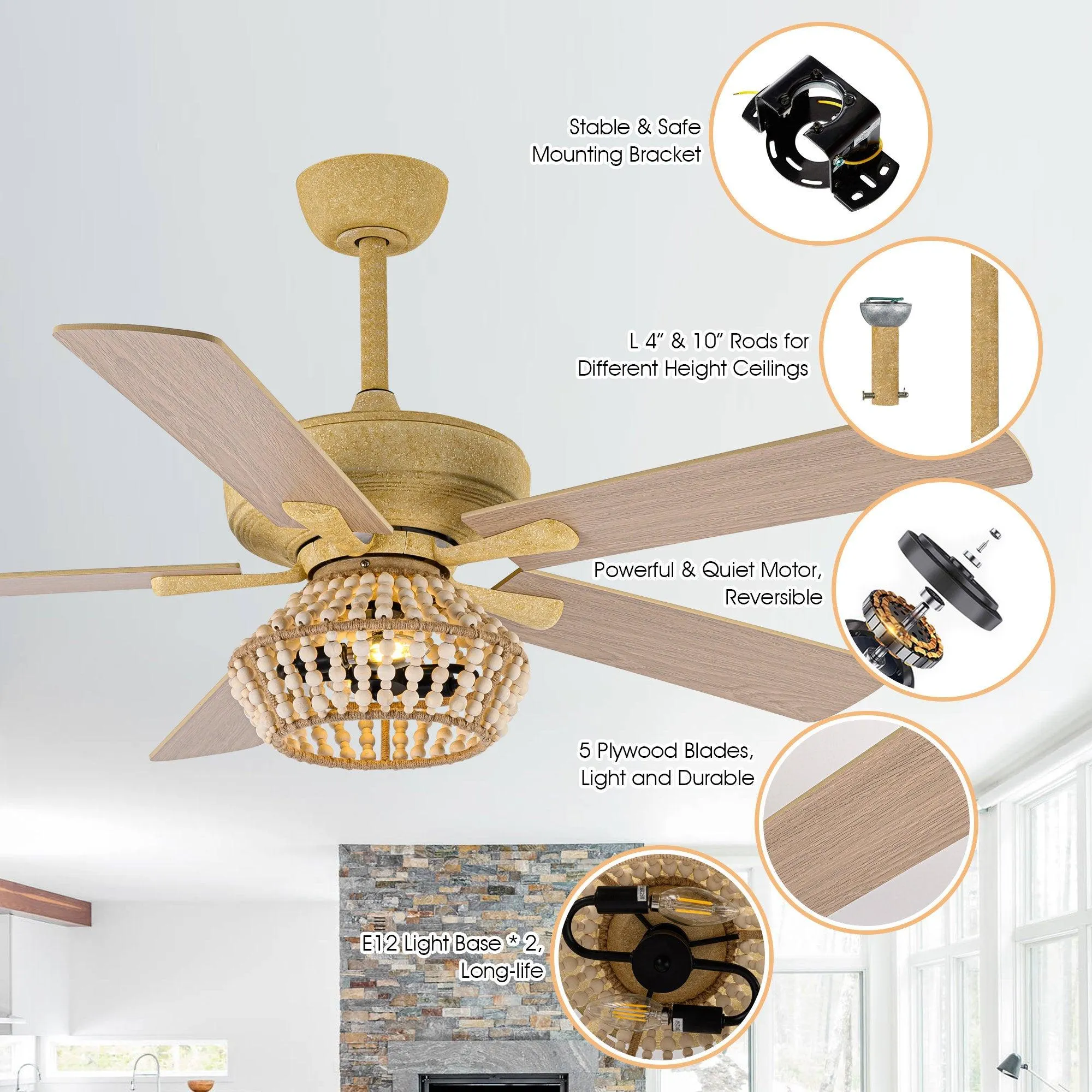 52" Pune Farmhouse Downrod Mount Reversible Ceiling Fan with Lighting and Remote Control