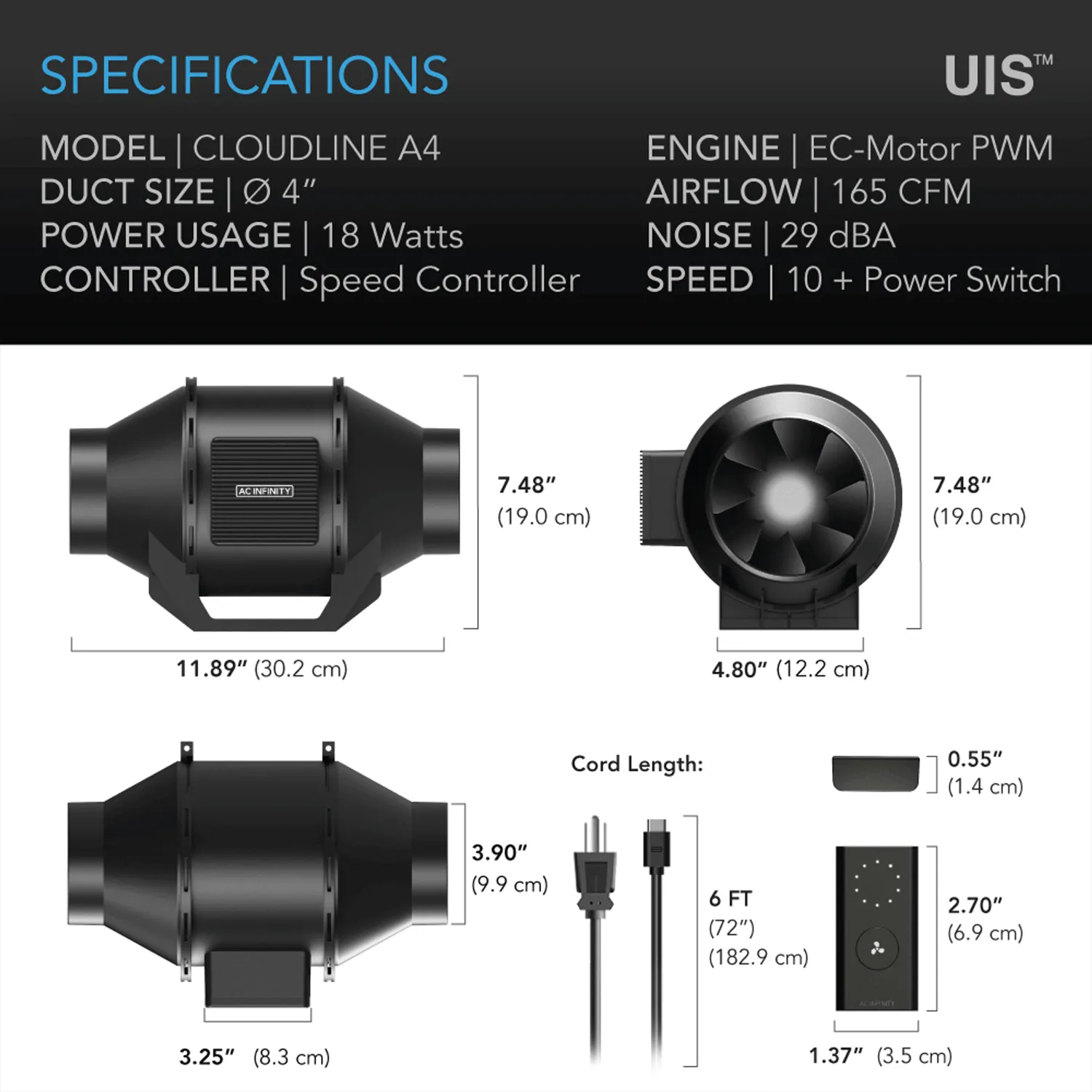 AC Infinity CLOUDLINE LITE A4, Quiet Inline Fan with Speed Controller, 4-Inch