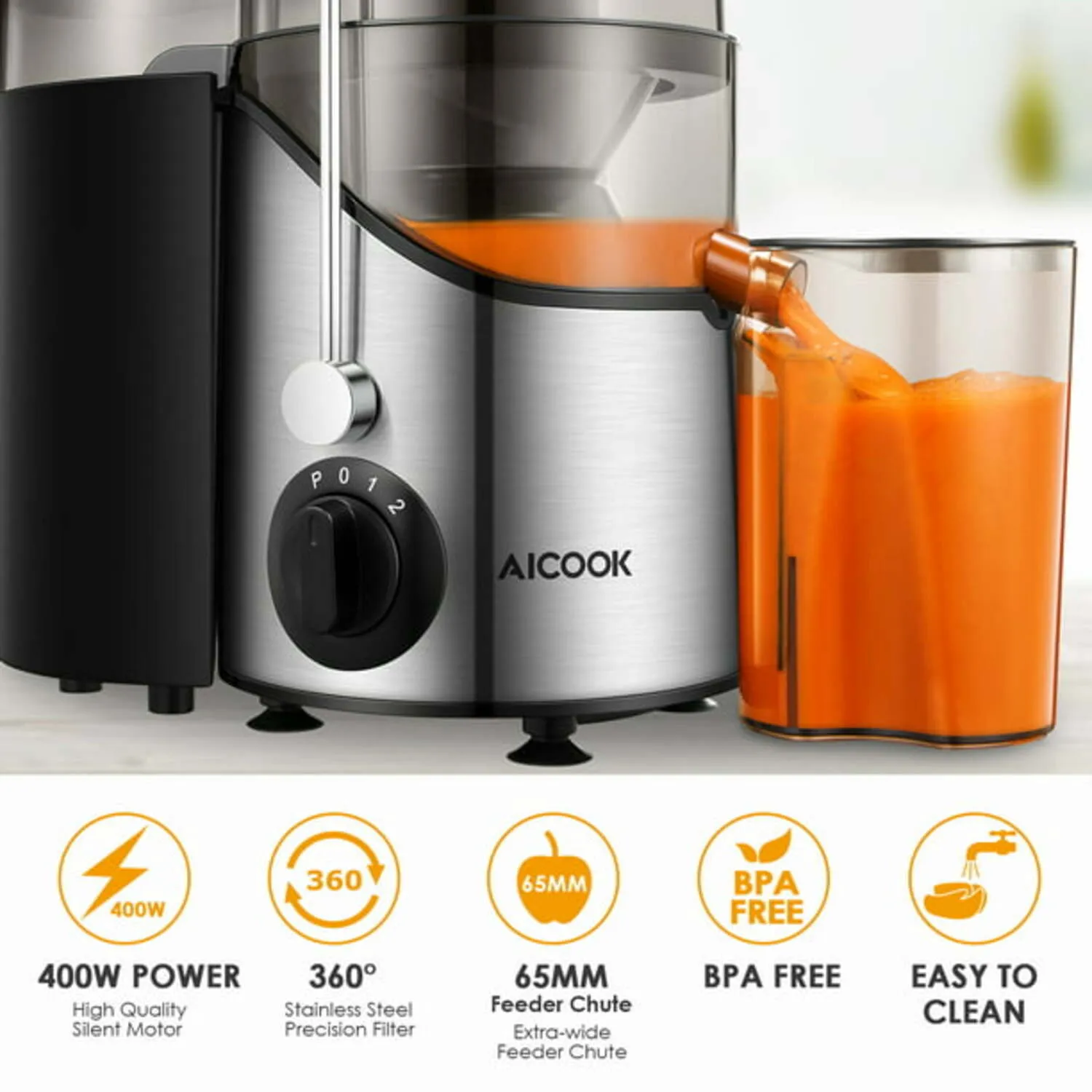 AICOOK AMR526 Juicer Extractor Easy Clean, 3 Speeds Control, Stainless Steel BPA Free