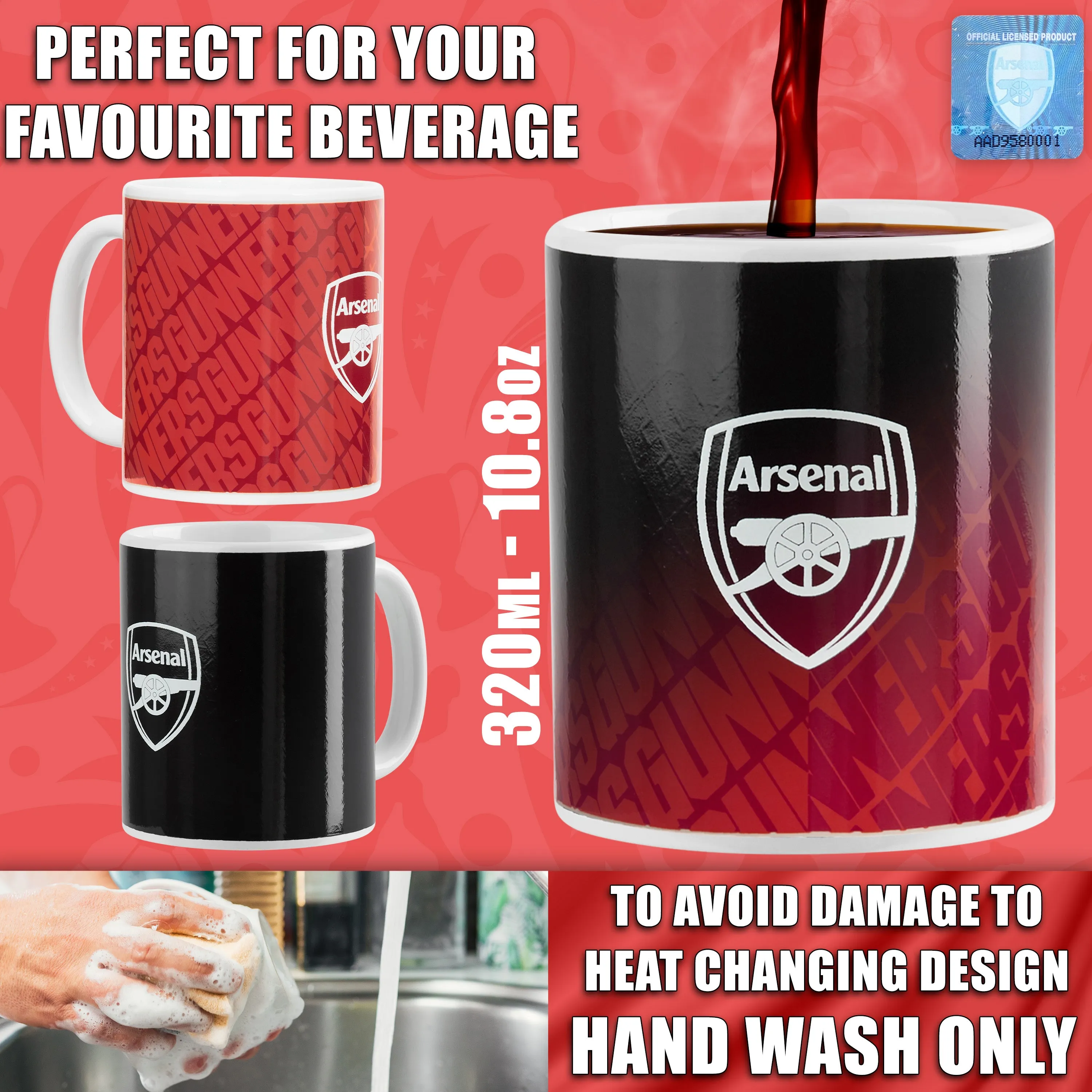 Arsenal F.C. Coffee Mug, 320ml Ceramic Heat Colour Changing Mug Supporters' Gear