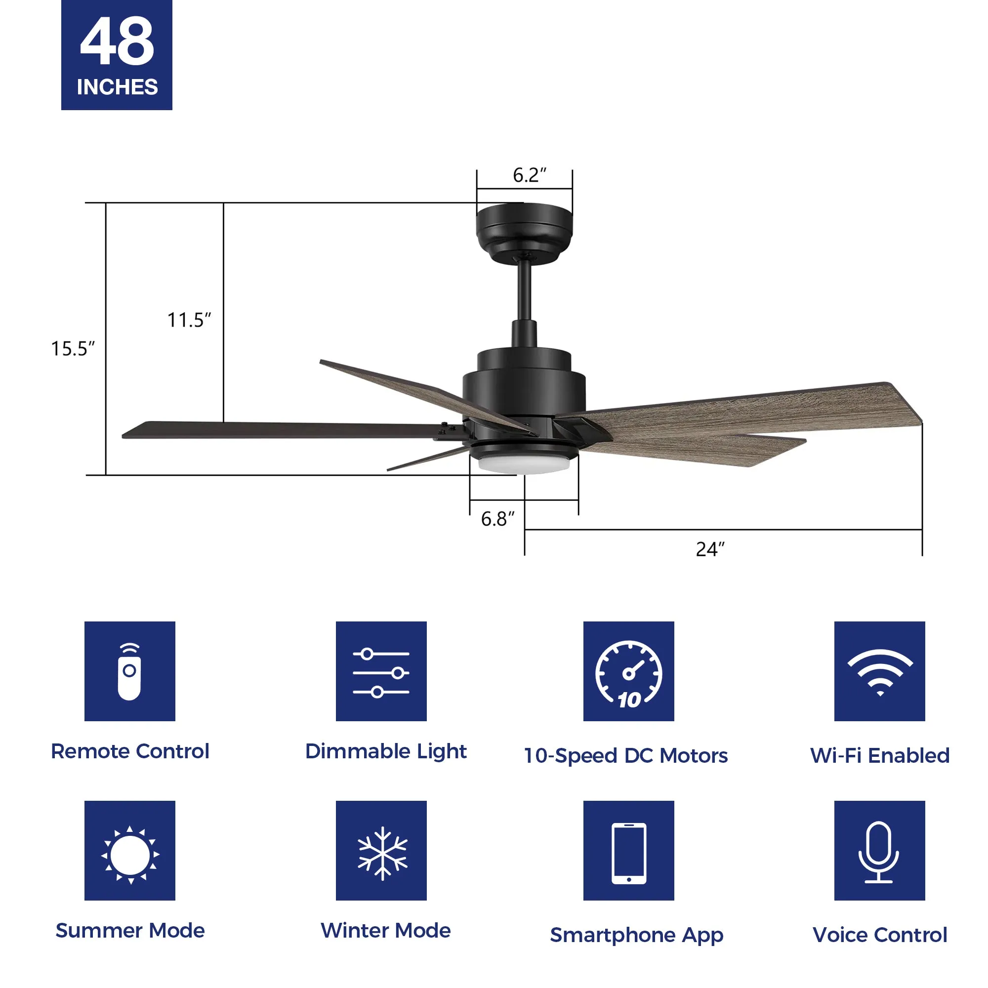 Aspen Smart Ceiling Fan with LED Light and Remote Outdoor/Indoor 48"