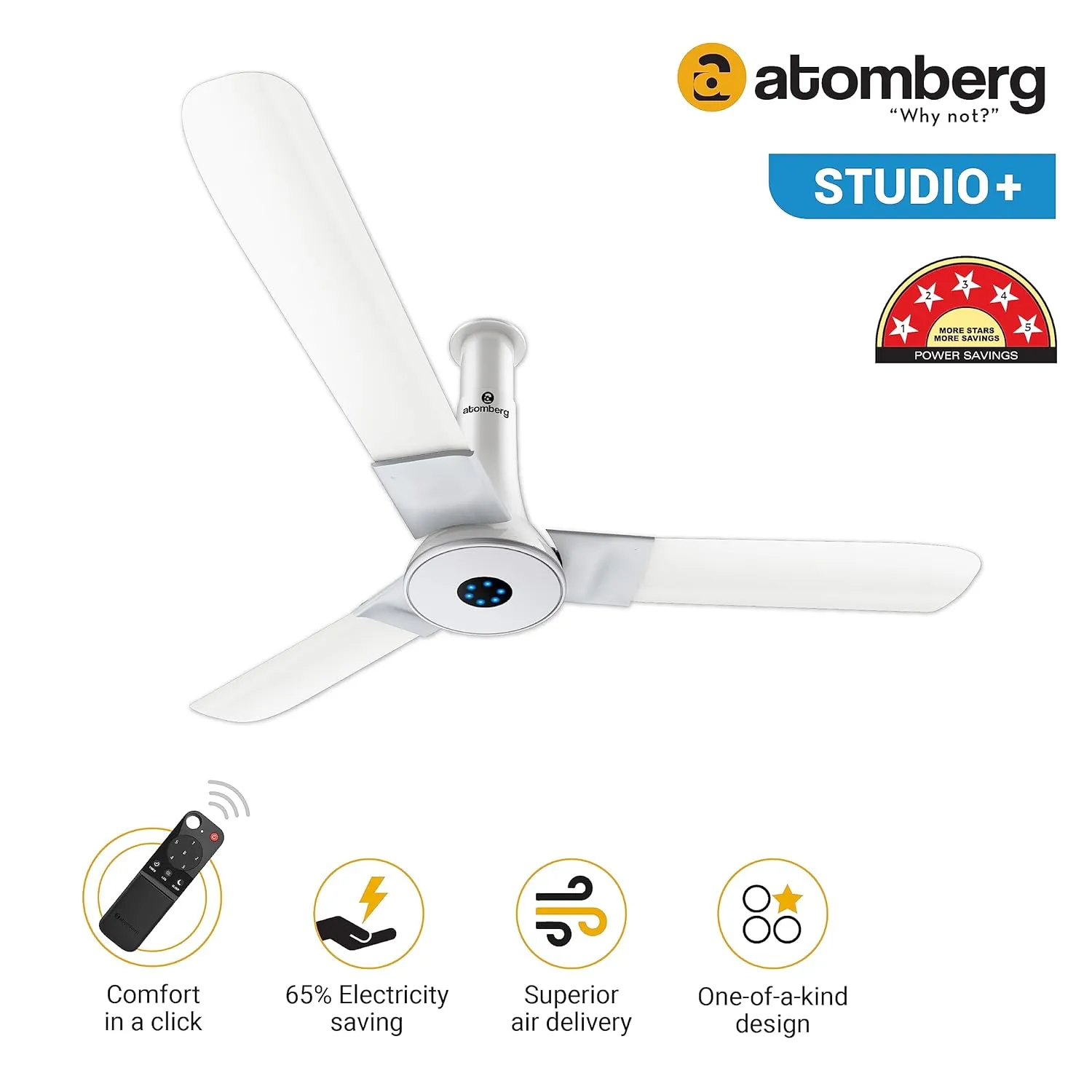 atomberg Studio  1200mm BLDC Motor 5 Star Rated Designer Ceiling Fans with Remote Control | Upto 65% Energy Saving, High Air Delivery and LED Indicators