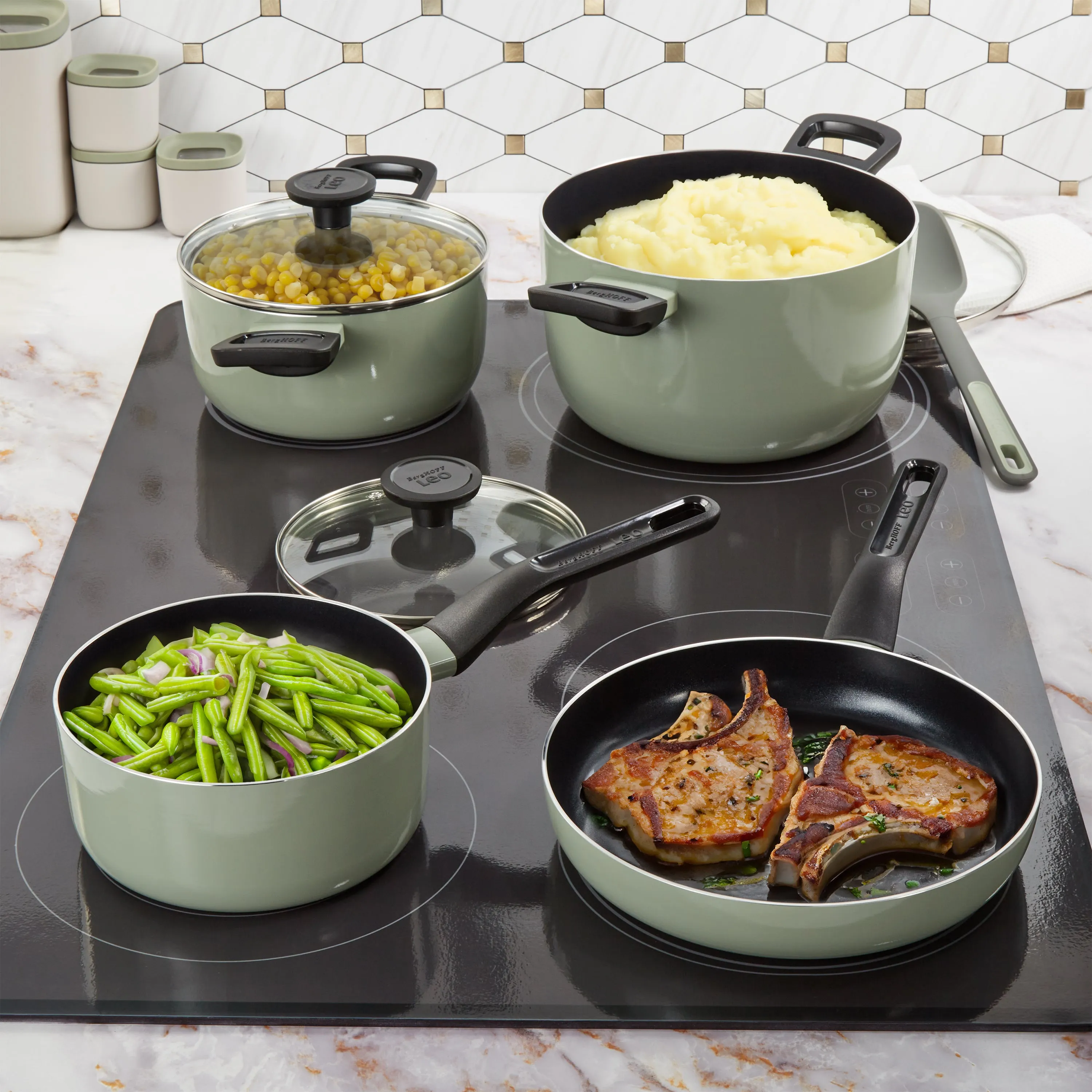 BergHOFF Leo Glints 7Pc Ceramic Nonstick Cookware Set, Sage