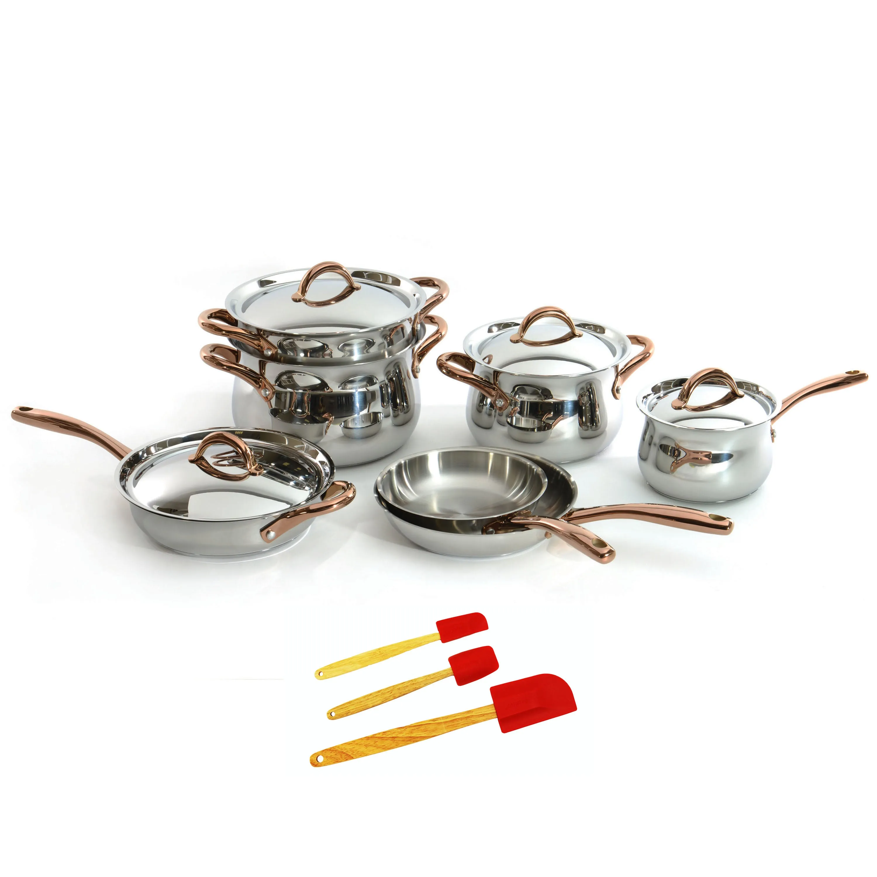 BergHOFF Ouro Gold 14pc 18/10 Stainless Steel Cookware Set, Rose Gold Handles, Metal Lids