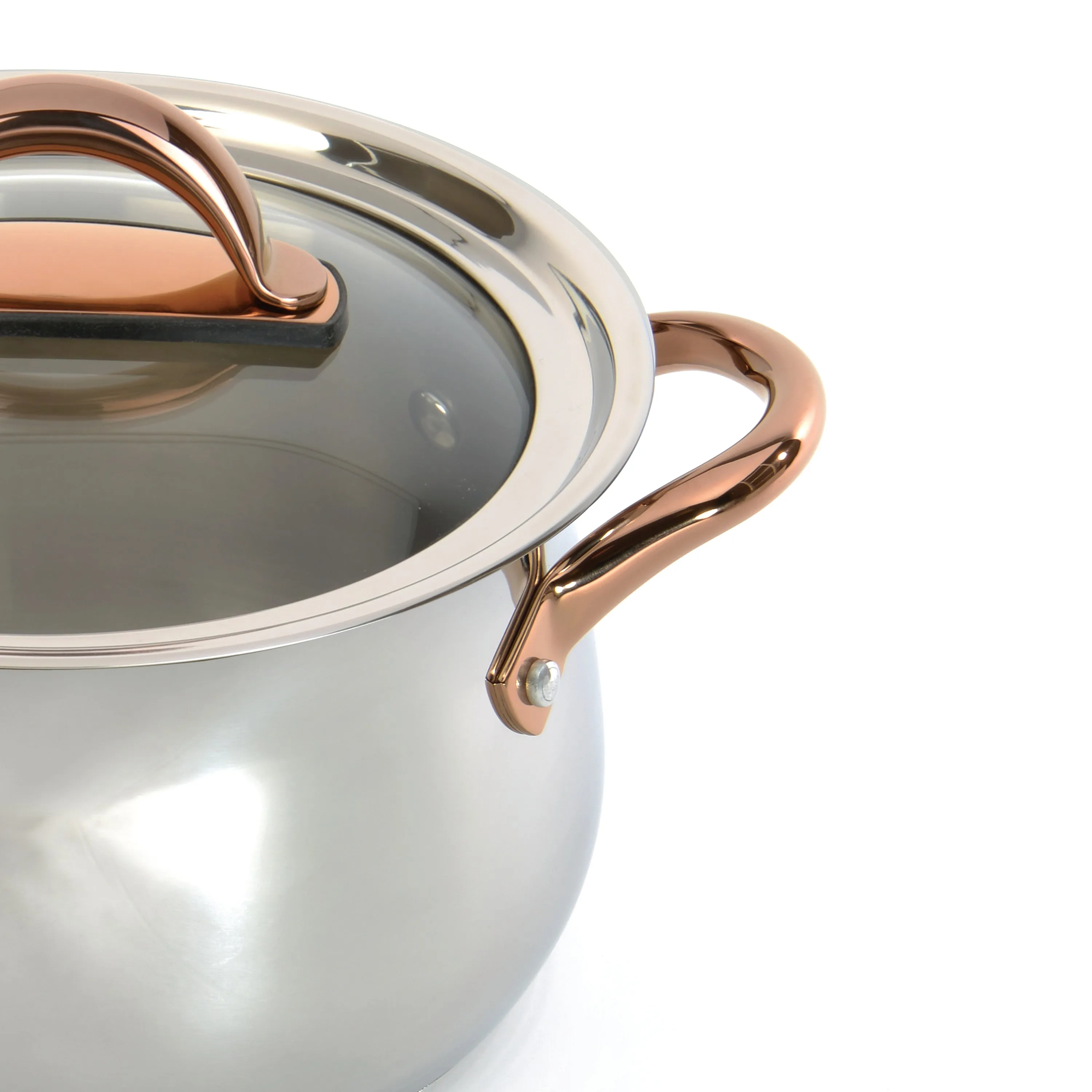 BergHOFF Ouro Gold 3pc 18/10 Stainless Steel Cookware Set, Glass Lids, Rose Gold Handles