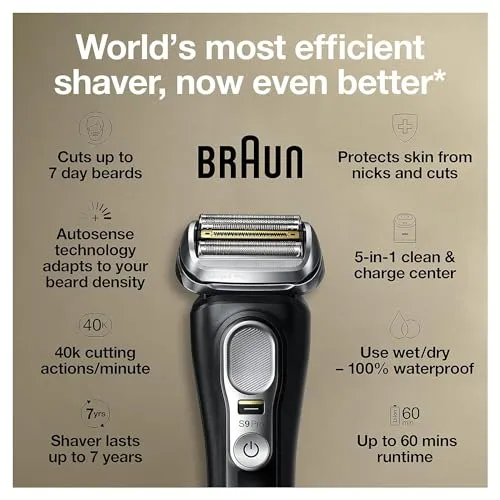 Braun Electric Razor,Waterproof Foil Shaver for Men,Series 9 Pro 9460cc,Wet & Dry Shave,With ProLift Beard Trimmer for Grooming,5-in-1 Cleaning & Charging SmartCare Center Included,Atelier Black