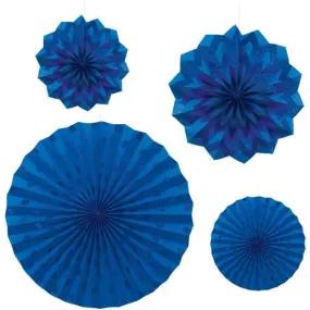 Bright Royal Blue Dots & Chevron Glitter Paper Fans 4pcs