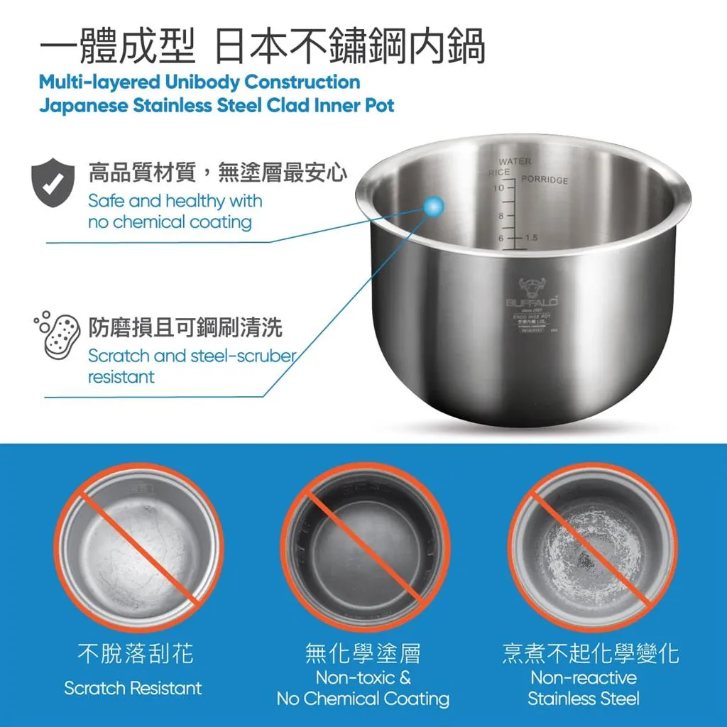 Buffalo Induction Heating (IH) Patented Clad Inner Pot Smart Rice Cooker 1.8 Liter (10 Cups) Titanium Grey (BUFFALOIH18)