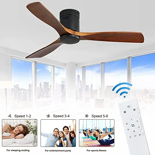 CACI Mall 52" Wood Ceiling Fan Indoor with Light and Remote Control, 6-Speed, 3-Timer with Quiet Energy Saving, 3 blades Propeller Ceiling fan with Remote, Matte Black