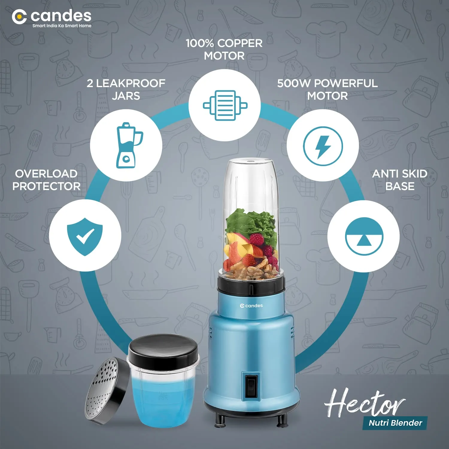 Candes Hector Pro Nutri Blender, 22000 RPM Mixer Grinder, Blender, Chopper, Juicer, Stainless Steel Blades, 2 Unbreakable Jars, 1 Years Warranty | 500-Watts (Blue)