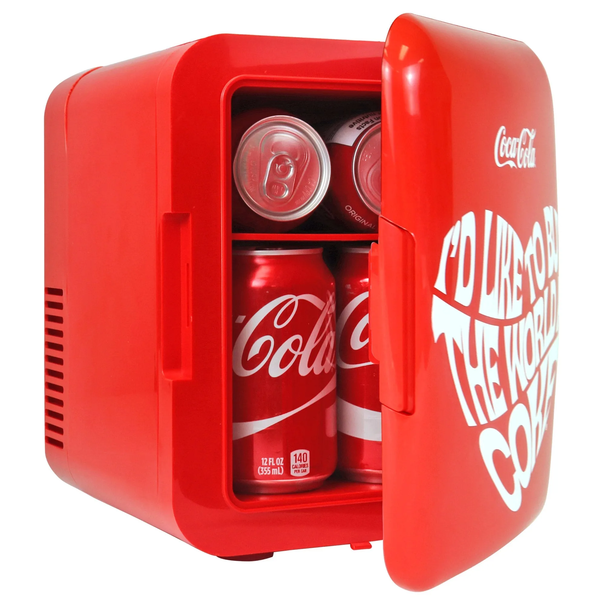 Coca-Cola World 1971 Series 4L Cooler/Warmer w/ 12V DC and 110V AC Cords, 6 Can Portable Mini Fridge, Personal Travel Refrigerator for Snacks Lunch Drinks Cosmetics, Desk Home Office Dorm Travel, Red