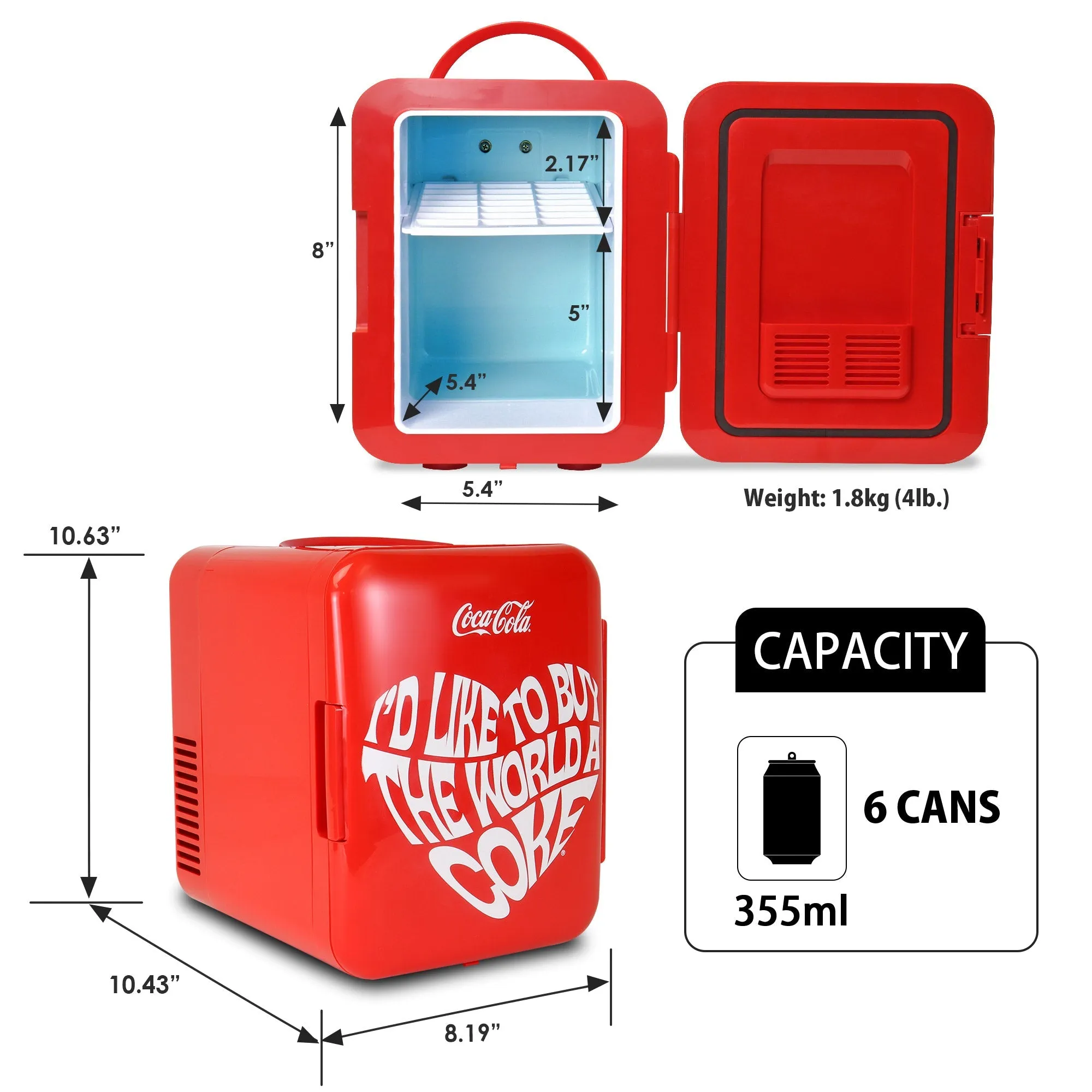 Coca-Cola World 1971 Series 4L Cooler/Warmer w/ 12V DC and 110V AC Cords, 6 Can Portable Mini Fridge, Personal Travel Refrigerator for Snacks Lunch Drinks Cosmetics, Desk Home Office Dorm Travel, Red