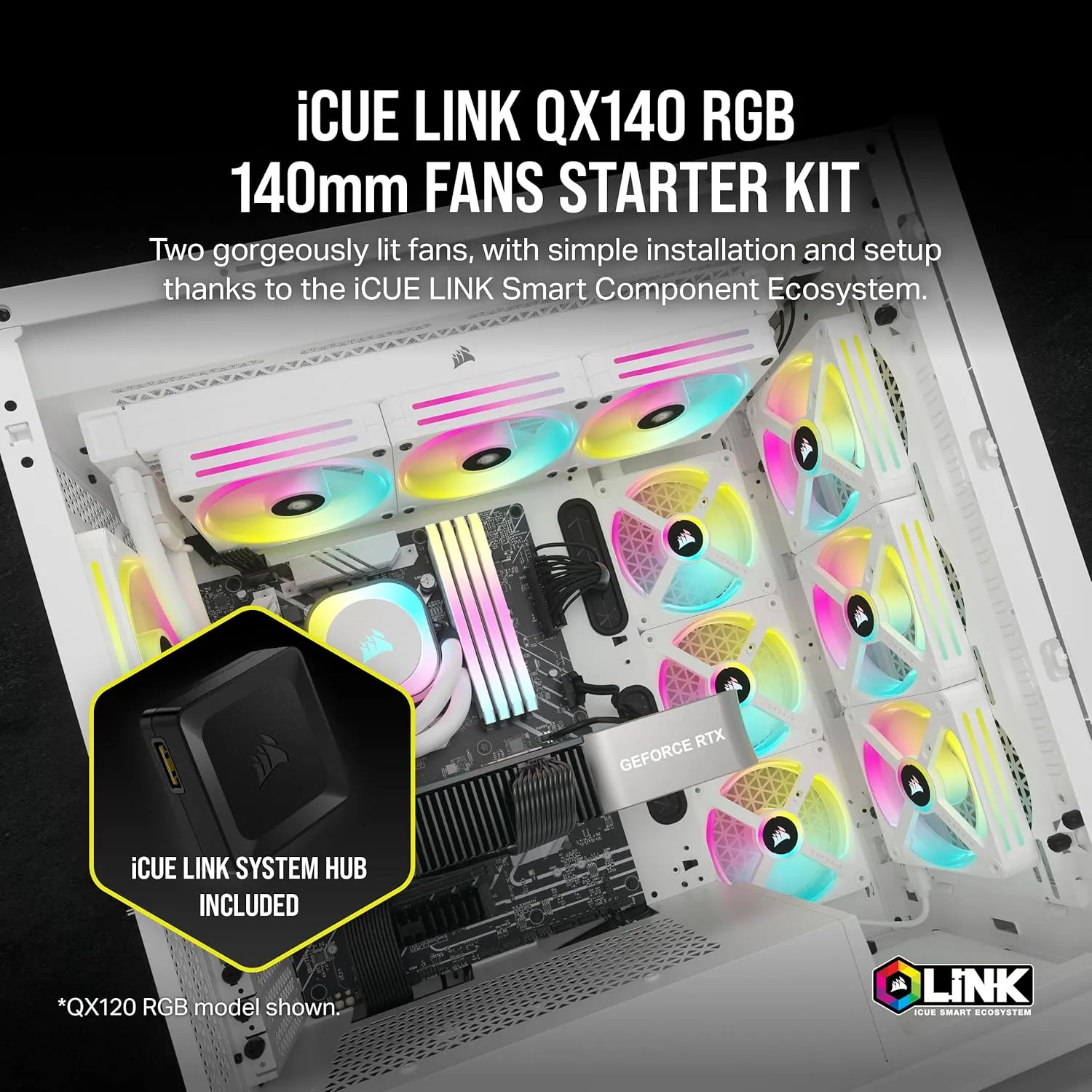 Corsair iCUE LINK QX140 RGB 140mm PWM PC Fans Starter Kit with iCUE LINK System Hub White 白色 (2件裝) CO-9051008-WW