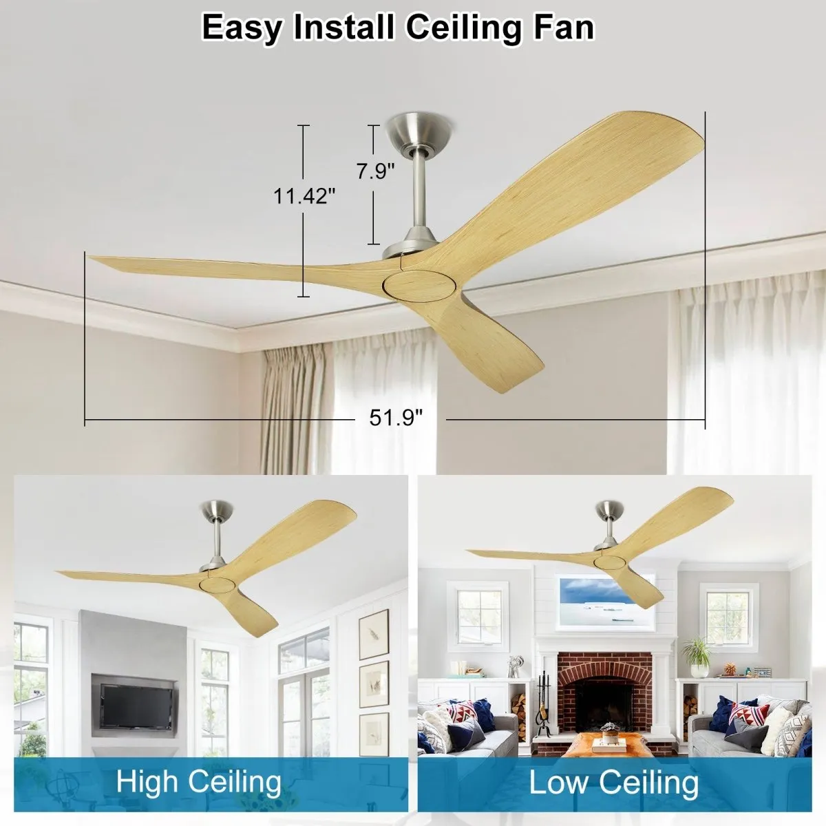 Depuley 52 Inch Remote Ceiling Fan Without Light, Low Profile Ceiling Fan No Light with 3 Blades and Noiseless Reversible DC Motor for Patio, Kitchen, Farmhouse & Covered Outdoor, Timer