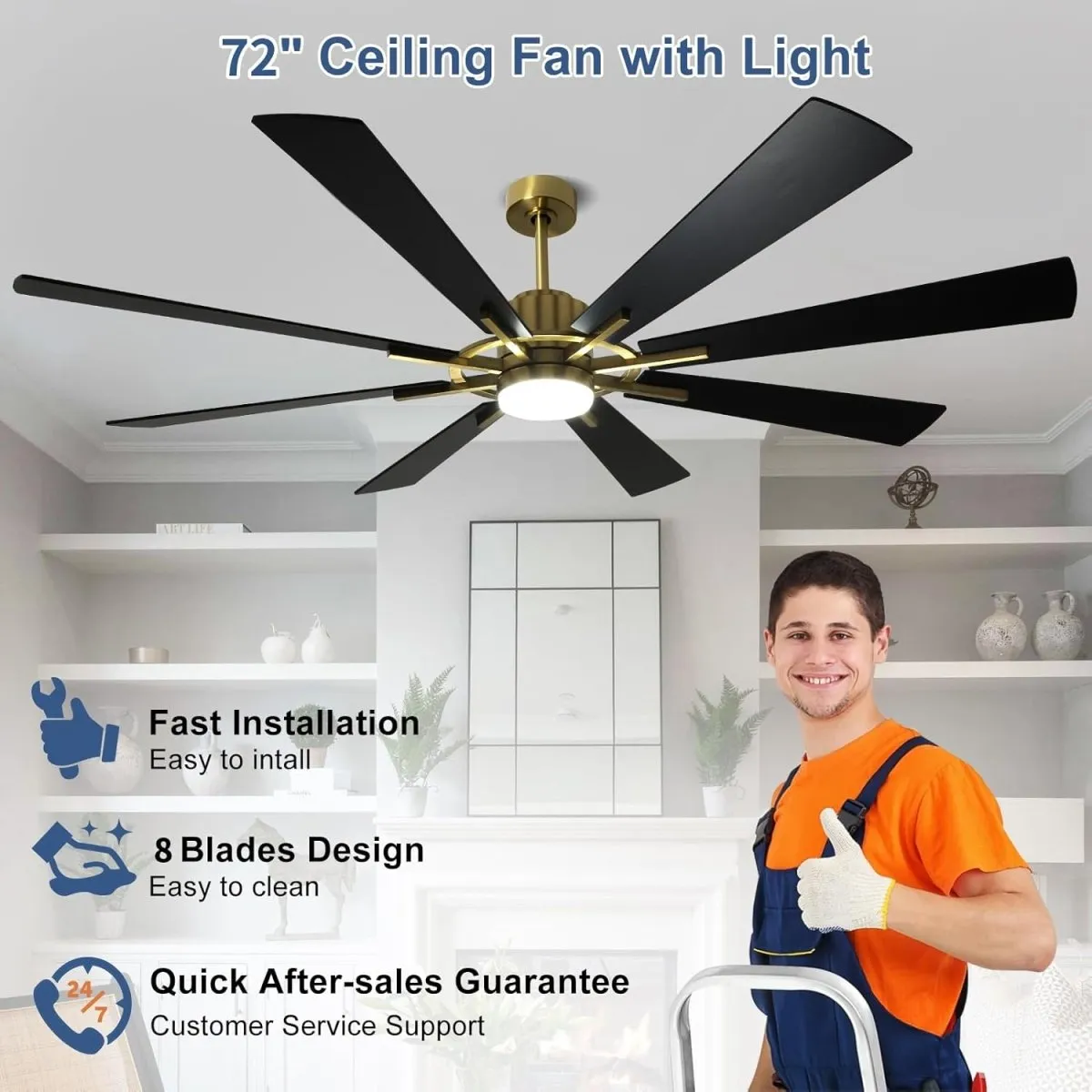 Depuley 72" Black Farmhouse Ceiling Fans with Lights and Remote, Large Reversible Modern Ceiling Fan with 5-Speed, Indoor Outdoor Ceiling Fan for Patio, 3CCT 3000K-6000K Quiet DC Motor 8 Blades, Gold