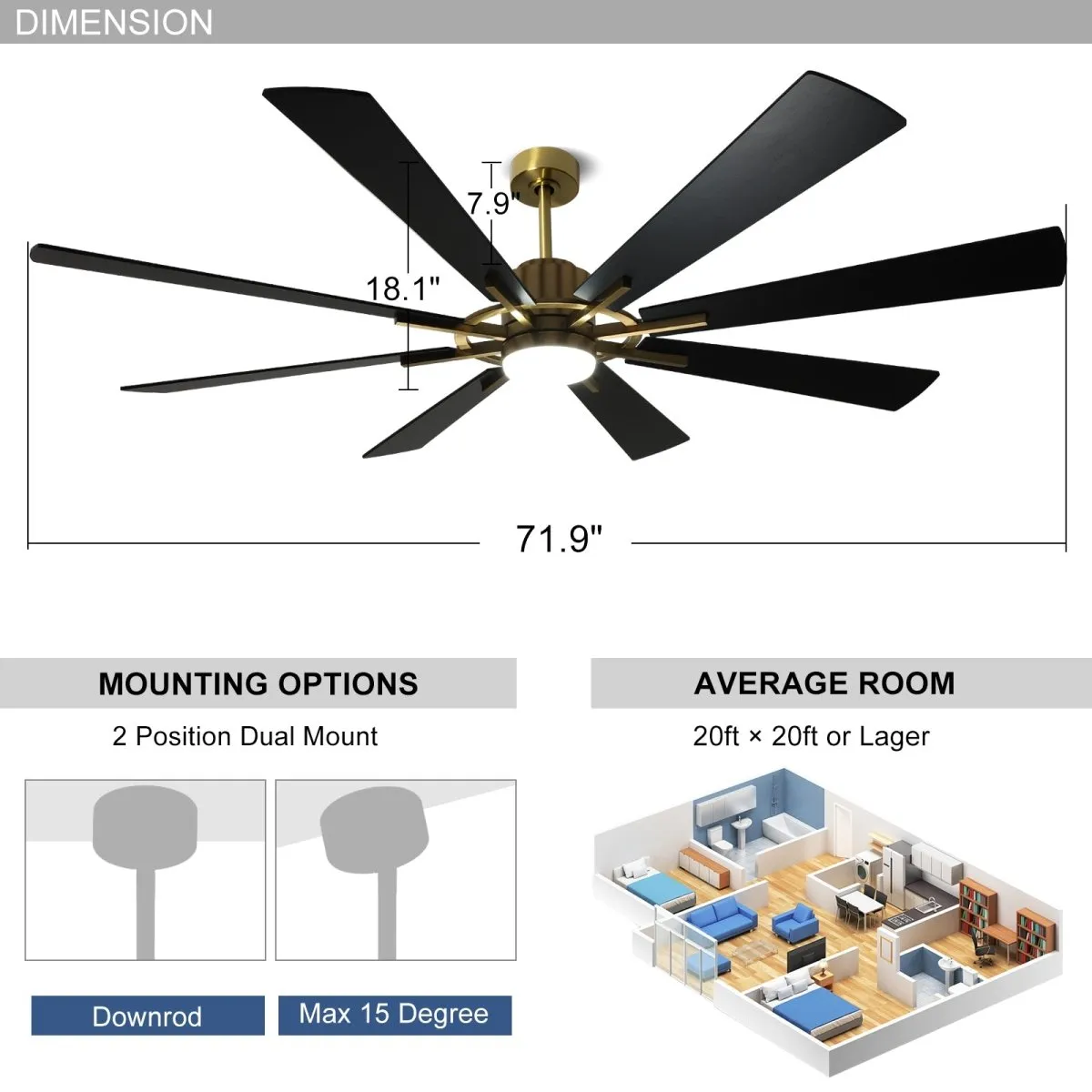 Depuley 72" Black Farmhouse Ceiling Fans with Lights and Remote, Large Reversible Modern Ceiling Fan with 5-Speed, Indoor Outdoor Ceiling Fan for Patio, 3CCT 3000K-6000K Quiet DC Motor 8 Blades, Gold