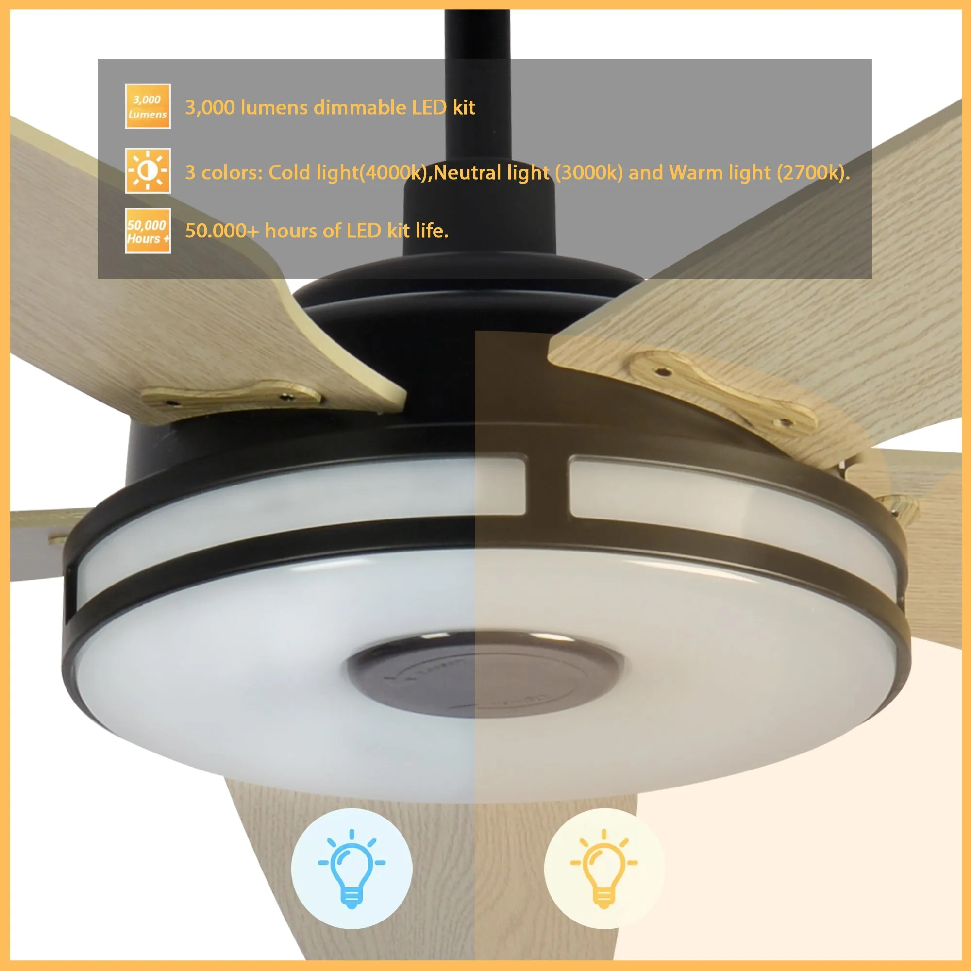 ELIRA 52 inch 5-Blade Smart Ceiling Fan with LED Light Kit & Remote - Black/Light Wood Grain