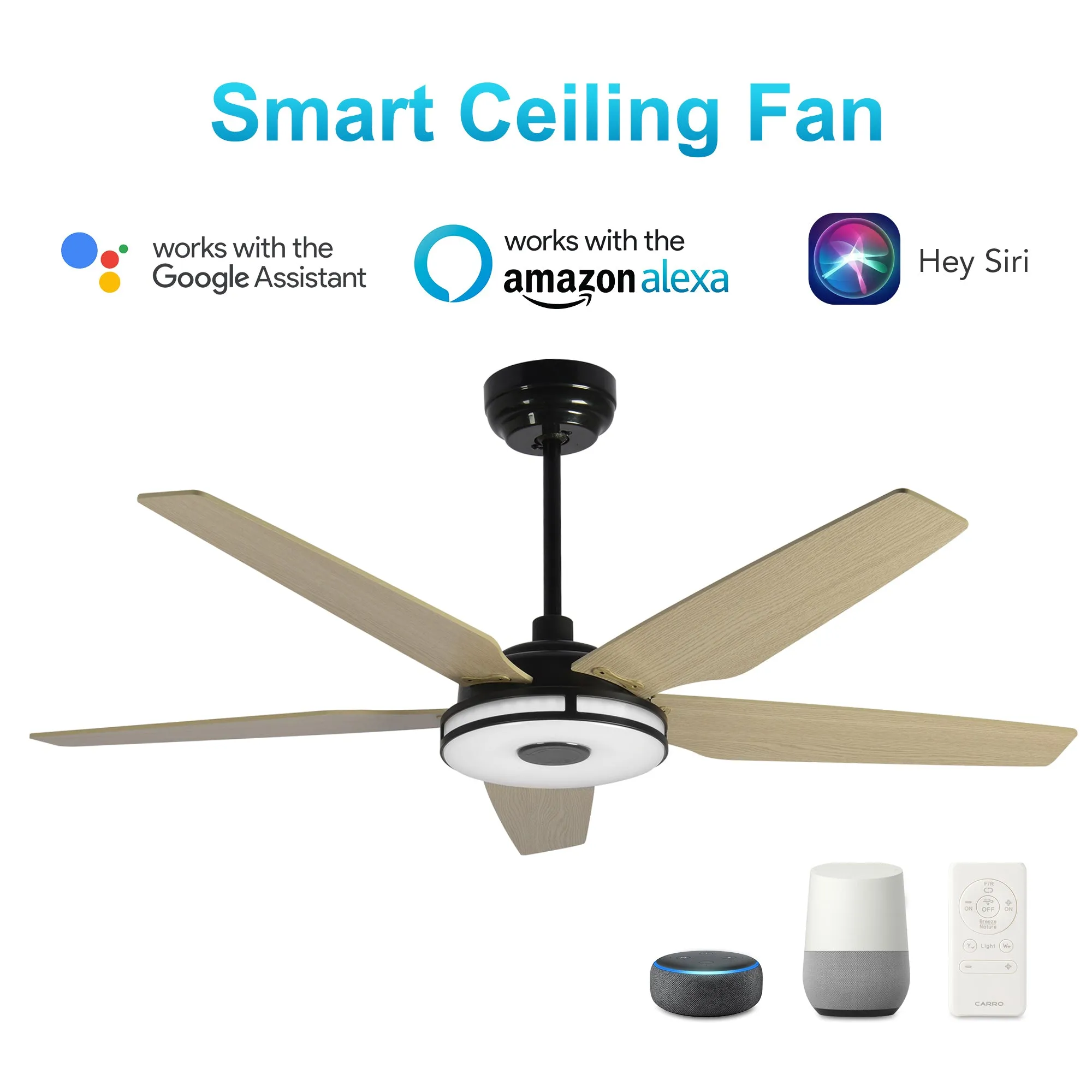 ELIRA 52 inch 5-Blade Smart Ceiling Fan with LED Light Kit & Remote - Black/Light Wood Grain