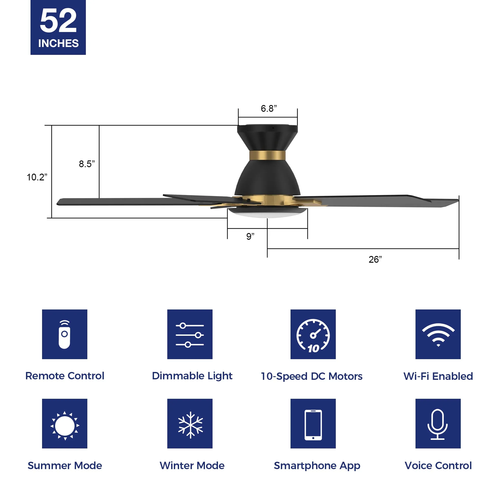 Essex Smart Low Profile Ceiling Fan with LED Light Outdoor/Indoor 52”