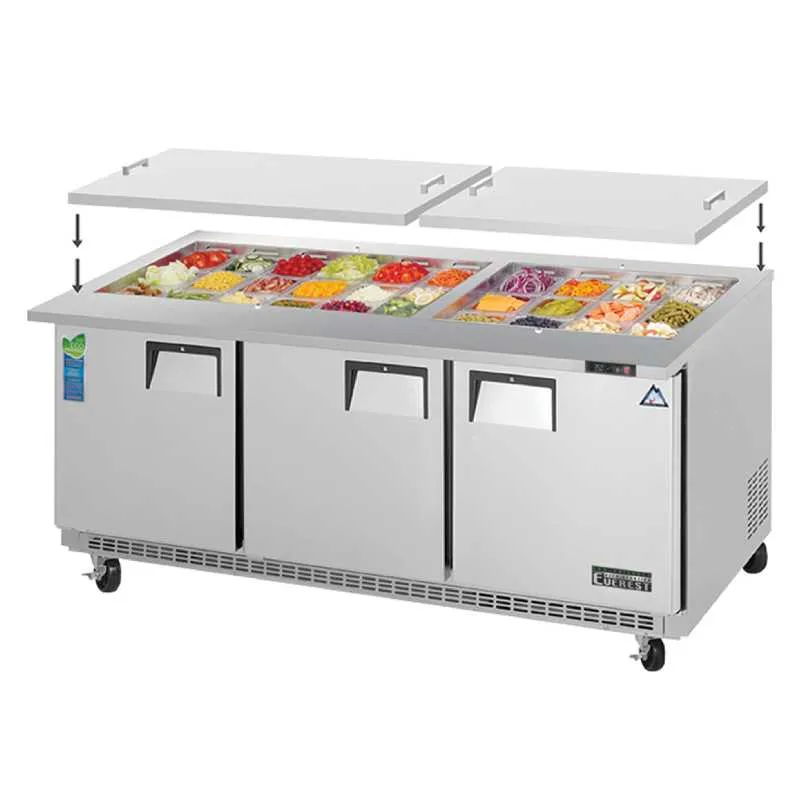 Everest - EOTP3, Commercial 71" 30 Pan Salad Sandwich Food Prep Table Refrigerator Open Top Mega Top