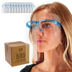 Face Shields with Blue Glasses Frames (20 Packs of 25) - Ultra Clear Protective Full Face Shields to Protect Eyes, Nose, Mouth - Anti-Fog PET Plastic