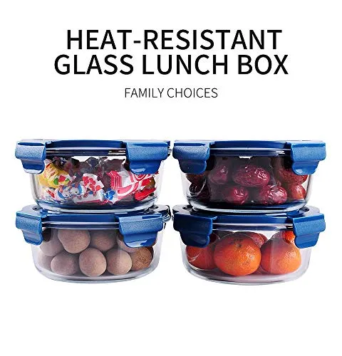 GRACIOUS MART Air Tight Glass Storage Container For Kitchen,Borosilicate Meal Prep Glass Food Storage Round Lunch box Oven Microwave Safe Containers (6)