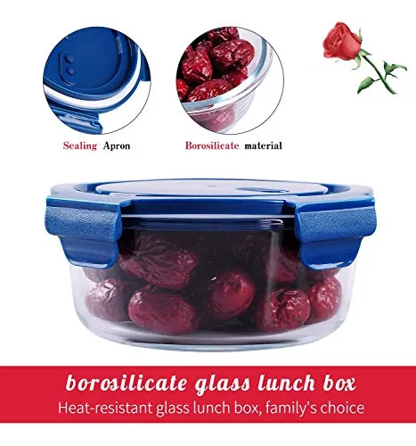 GRACIOUS MART Air Tight Glass Storage Container For Kitchen,Borosilicate Meal Prep Glass Food Storage Round Lunch box Oven Microwave Safe Containers (6)