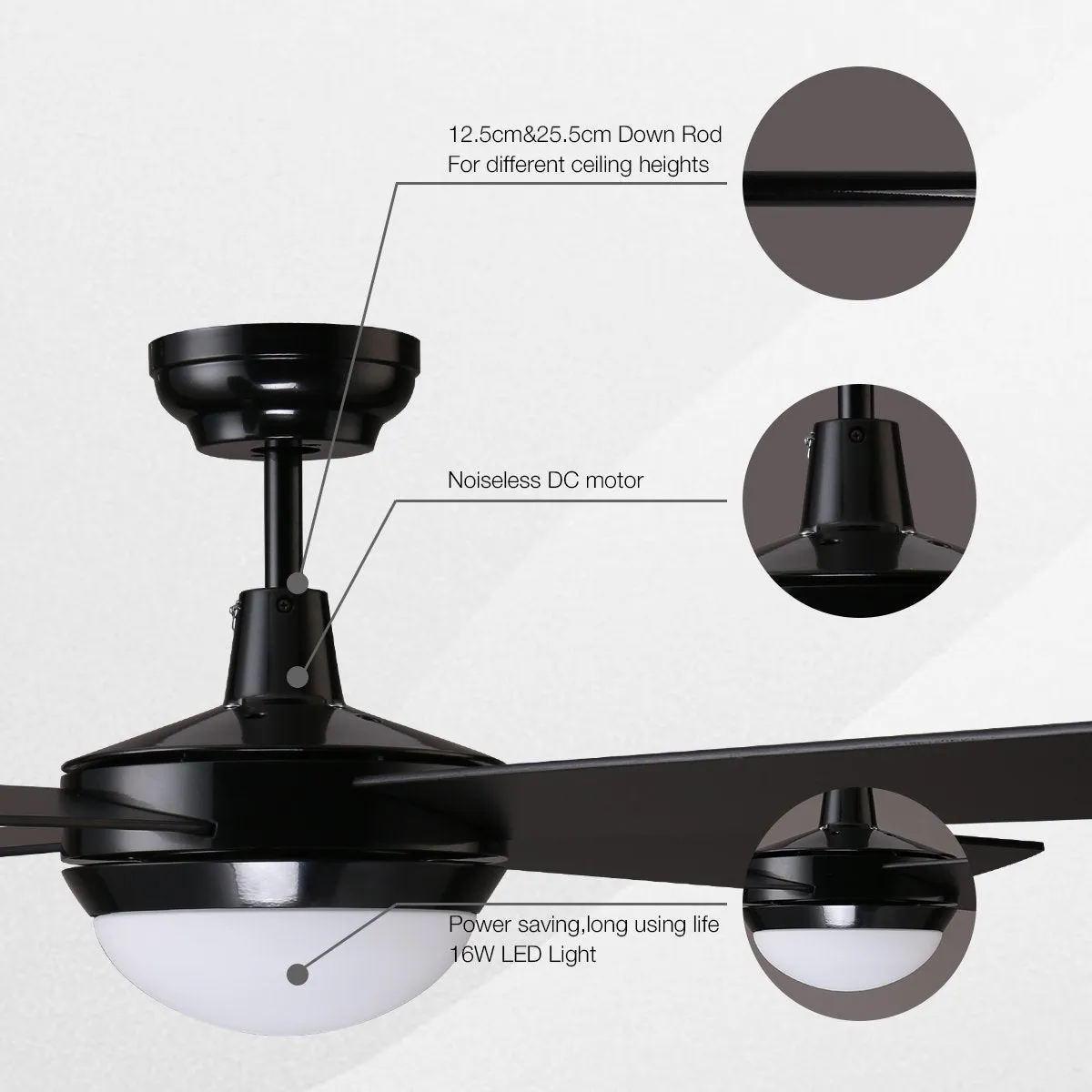 HAWAII 132cm / 52 inch 4 Blade DC Modern Ceiling Fan with LED light 4000K Black