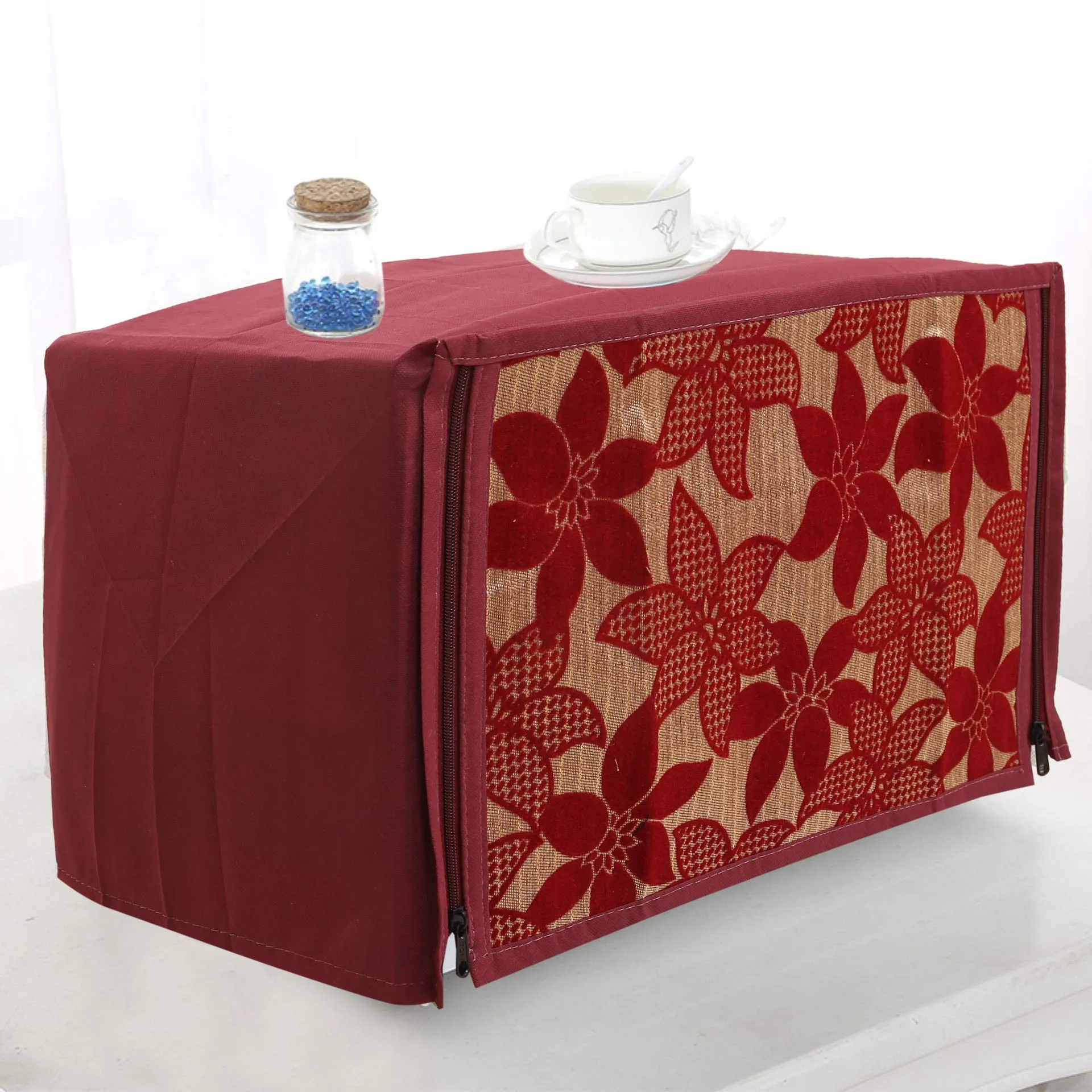 Heart Home Velvet Flower Printed Microwave Oven Cover,20 LTR. (Maroon)-HS43HEARTH26049