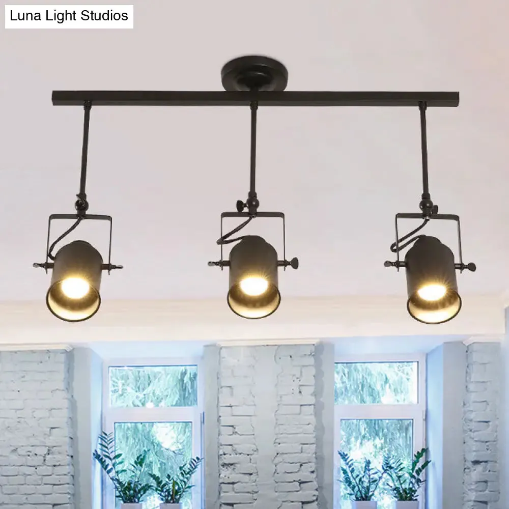 Industrial Style Metallic Cylinder Dining Room Semi-Flush Light Track Fixture - Rotatable, Black/White, 1/2/3 Heads