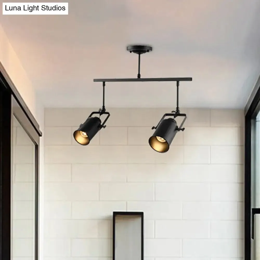 Industrial Style Metallic Cylinder Dining Room Semi-Flush Light Track Fixture - Rotatable, Black/White, 1/2/3 Heads