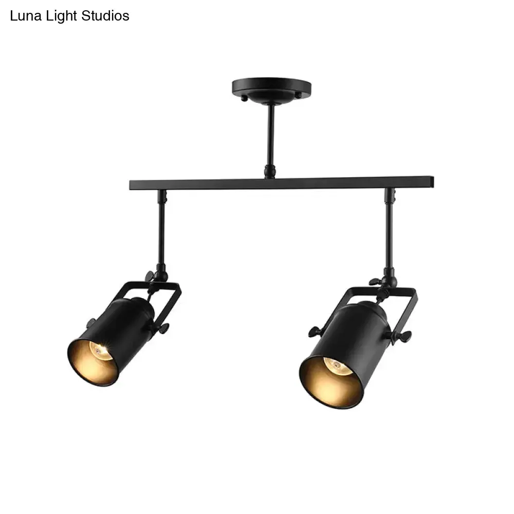 Industrial Style Metallic Cylinder Dining Room Semi-Flush Light Track Fixture - Rotatable, Black/White, 1/2/3 Heads