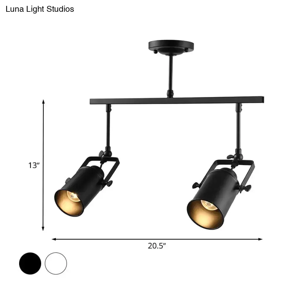 Industrial Style Metallic Cylinder Dining Room Semi-Flush Light Track Fixture - Rotatable, Black/White, 1/2/3 Heads