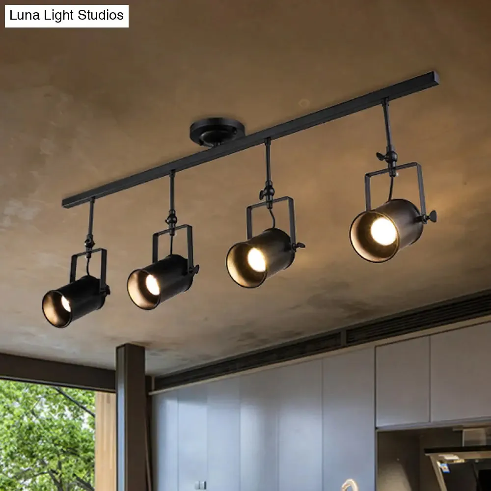 Industrial Style Metallic Cylinder Dining Room Semi-Flush Light Track Fixture - Rotatable, Black/White, 1/2/3 Heads