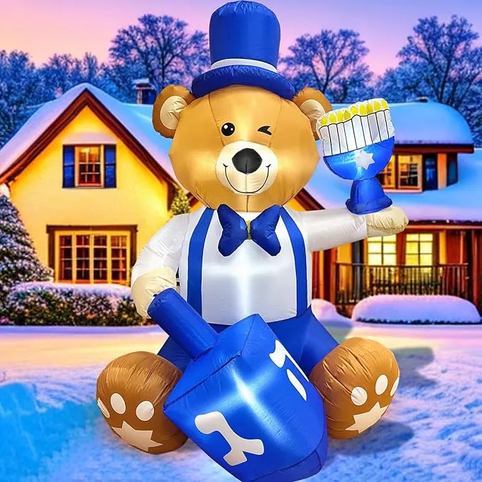 Inflatable Bear with Menorah and Dreidel LED 6 Foot