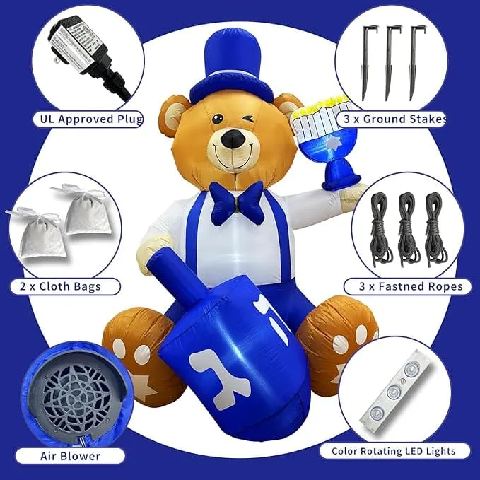 Inflatable Bear with Menorah and Dreidel LED 6 Foot