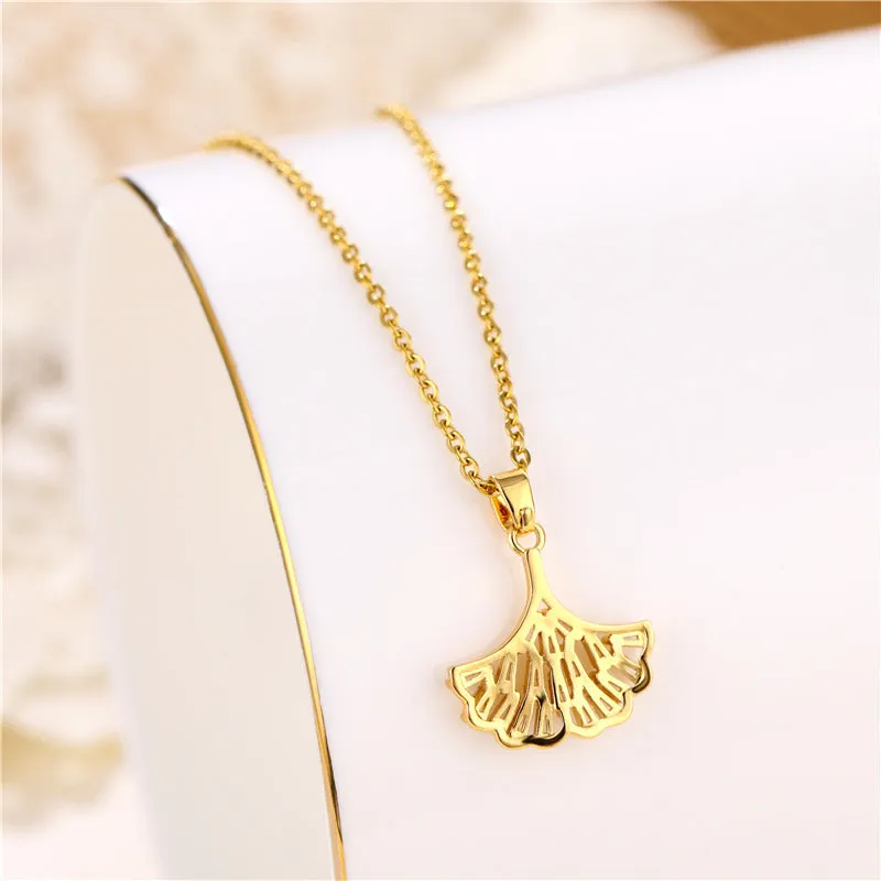 Korean Women Fan-Shape Titanium Steel Diamond Inlay Necklaces