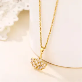 Korean Women Fan-Shape Titanium Steel Diamond Inlay Necklaces