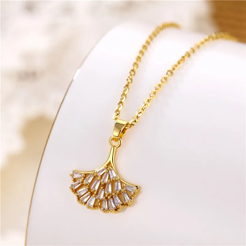 Korean Women Fan-Shape Titanium Steel Diamond Inlay Necklaces